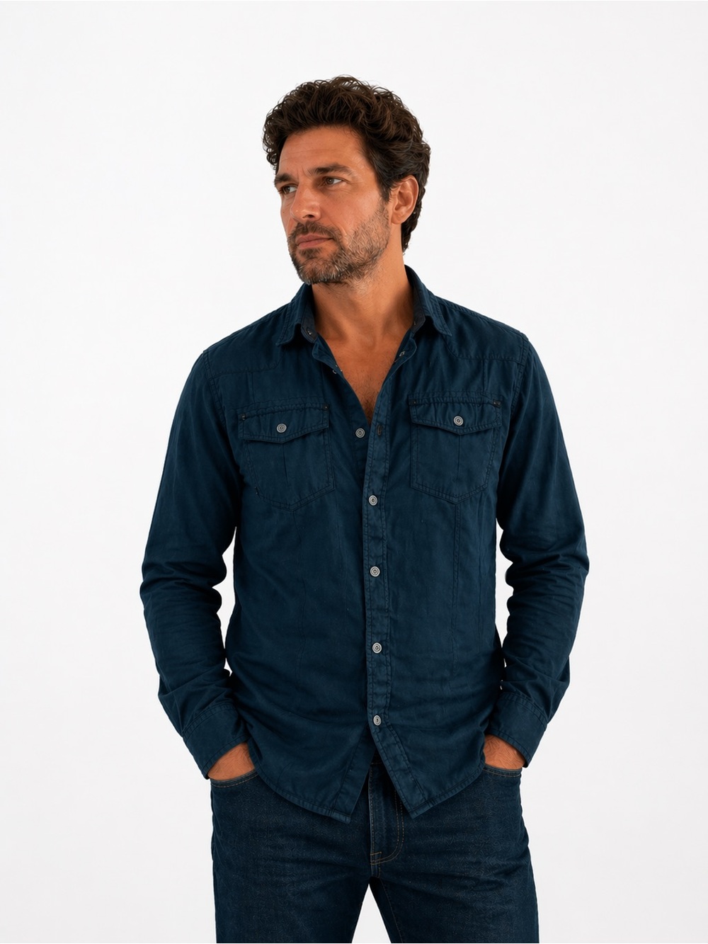 PROJEK RAW‎ Men's Dark Blue Button-Up Shirt Slim Fit Cotton Blend Long Sleeves